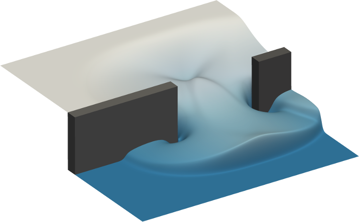 A two-dimensional dam break simulation performed using Firedrake-Fluids.